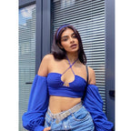 Sleeve Halter  Lace-up Top - WOMONA.COM