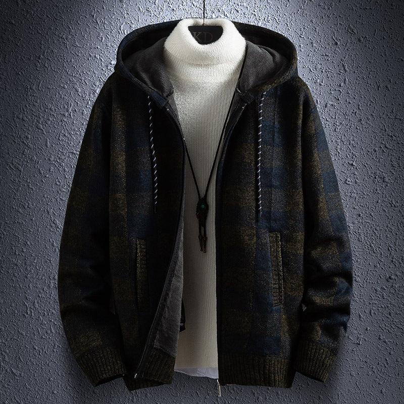 Black plaid hooded zipper jacket with knit cuffs and front pockets