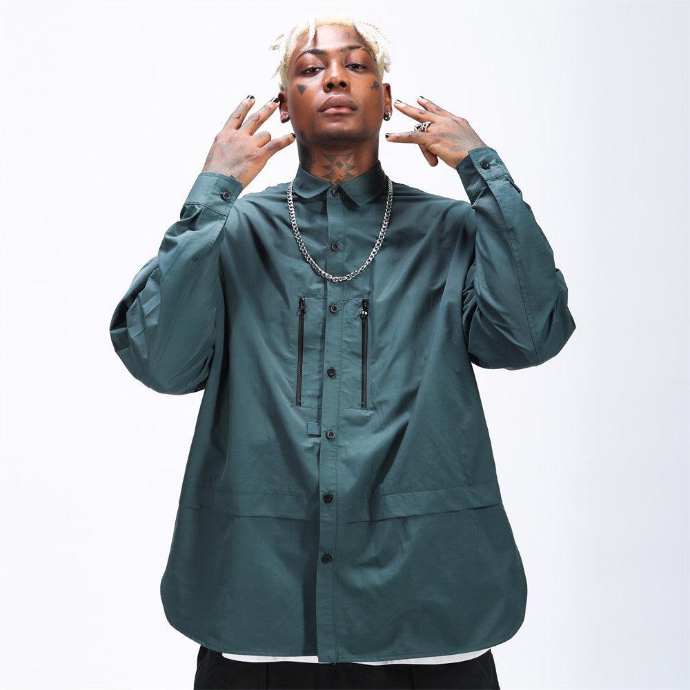Men’s thin jacket shirt in dark green with button front and front zipper pockets