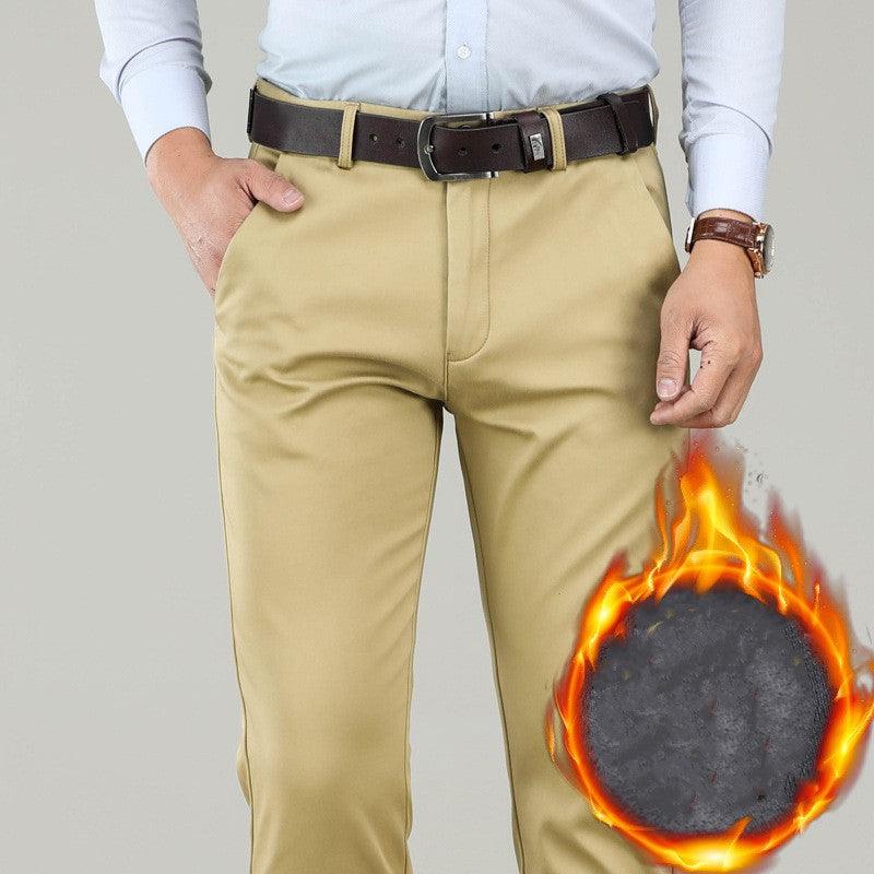 Men's straight loose trousers, khaki-beige with straight legs and belt loops.