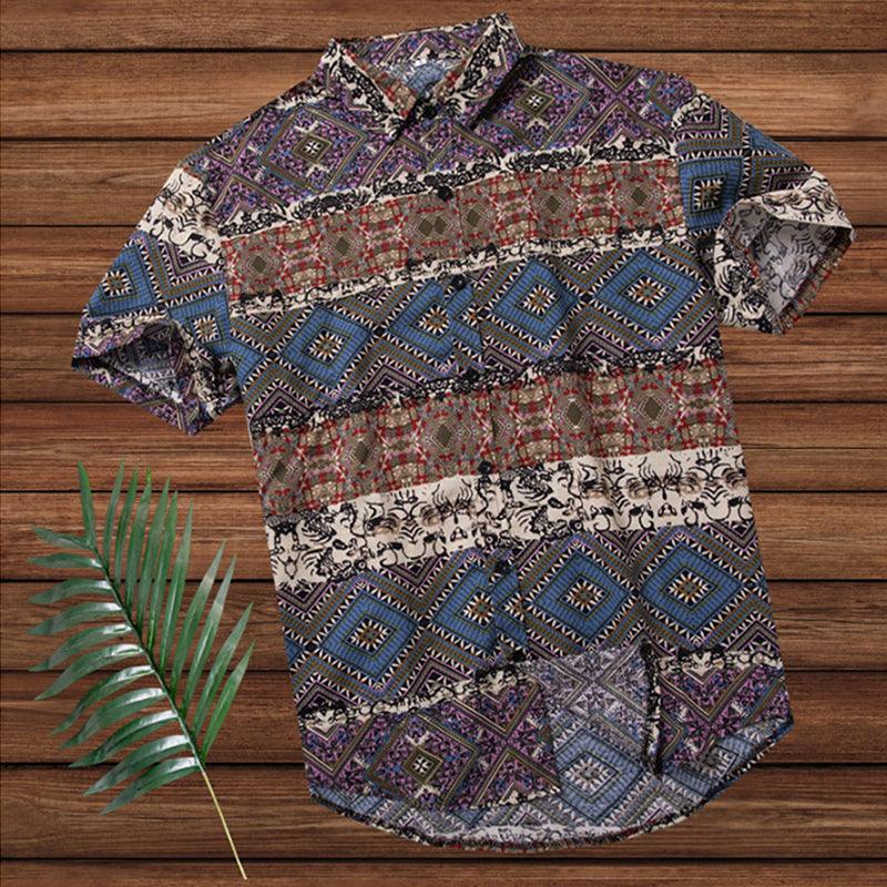 Men's beach button-up shirt, blue and purple geometric print, short sleeves