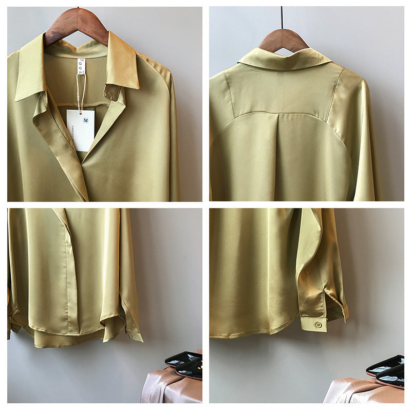 Silk satin v-neck chiffon shirt - WOMONA.COM