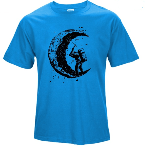 Men's bright blue crew-neck T-shirt with black moon and silhouette graphic on chest