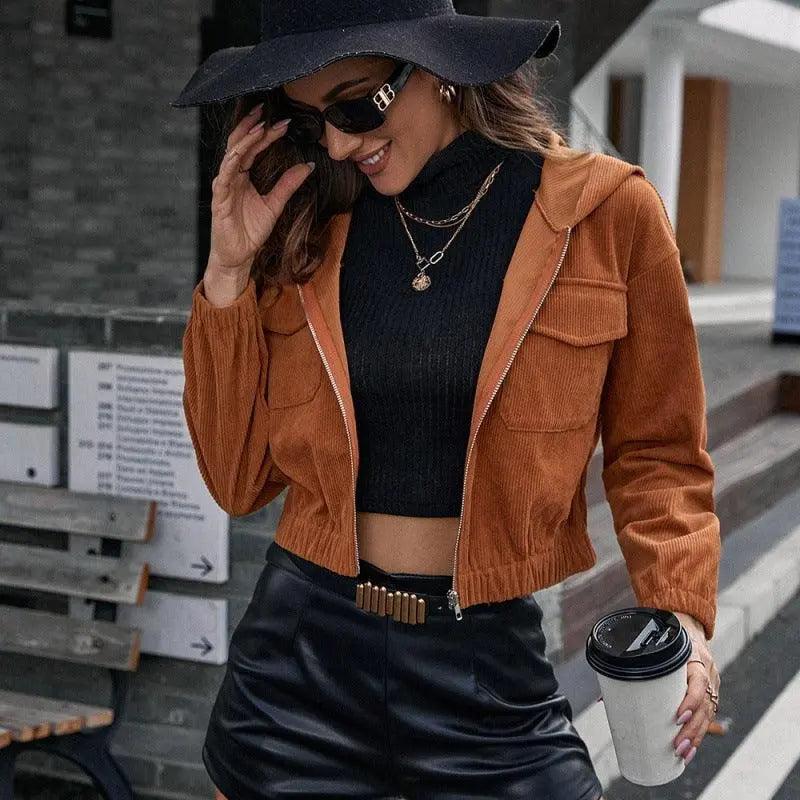 Corduroy Casual Short Hooded Jacket - WOMONA.COM