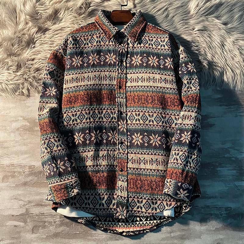 Patterned wool jacket with long sleeves, button-front, stand collar, multicolor geometric print