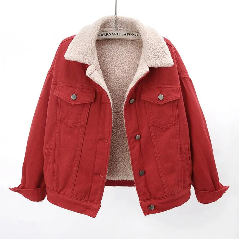 Red velvet denim jacket with sherpa collar, button front, and chest flap pockets.