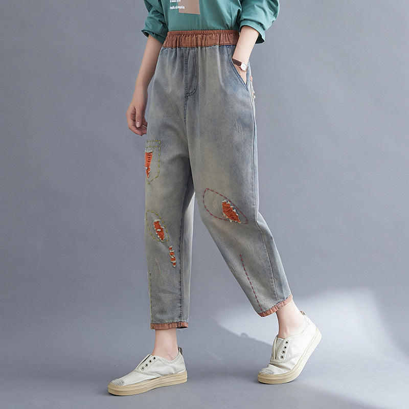 Contrasting Hole Denim Harem Pants Women - WOMONA.COM