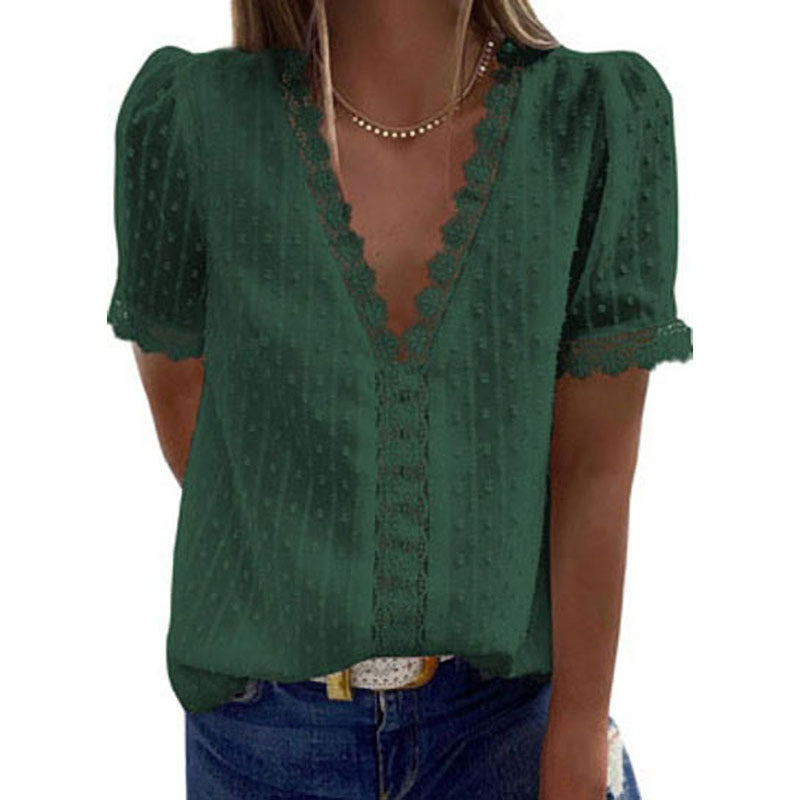 V-Neck Short-Sleeved Blouse Women - WOMONA.COM