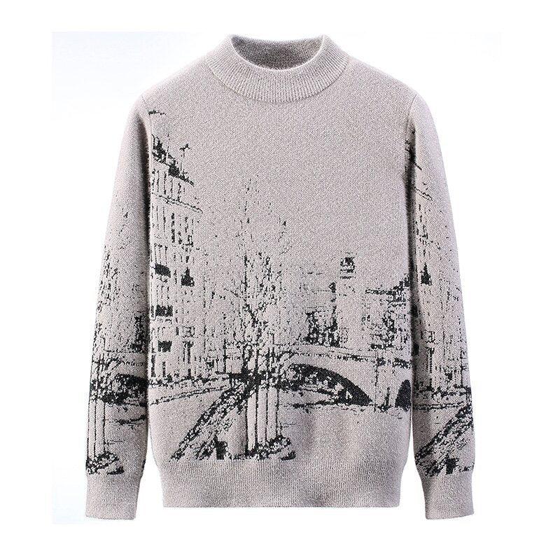 Light gray crewneck thick pullover sweater with long sleeves and large abstract city skyline print
