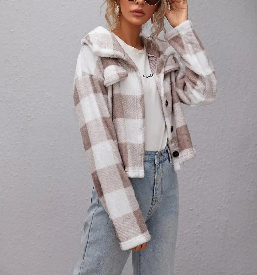 Women's white-and-pink plaid cardigan with button front and fuzzy sherpa lining