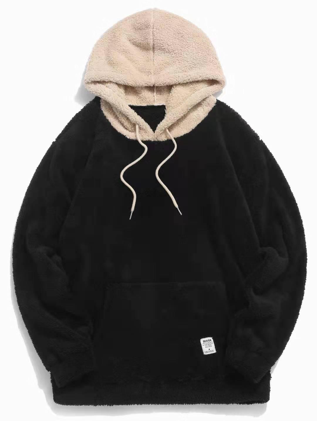 Lamb wool hooded pullover, black with beige hood lining, drawstring and front pocket