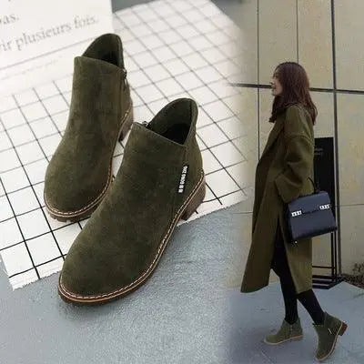 Velvet Martin ankle boots in olive green, chunky block heel, contrast stitching