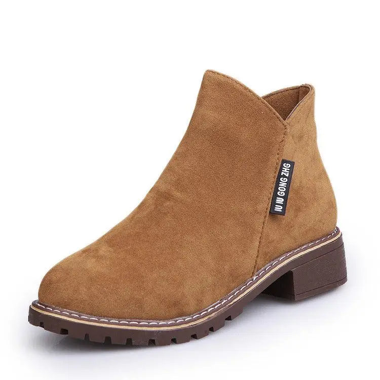 Velvet Martin ankle boots in tan suede, chunky block heel, rugged tread sole