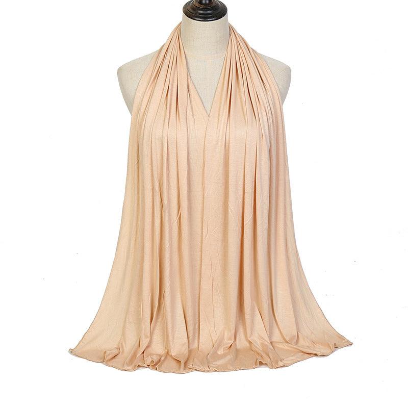 Beige ladies mercerized cotton headscarf with pleated drape and soft fringe hem