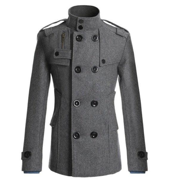 Wool trench coat for men, grey, double-breasted front with epaulets and chest pockets