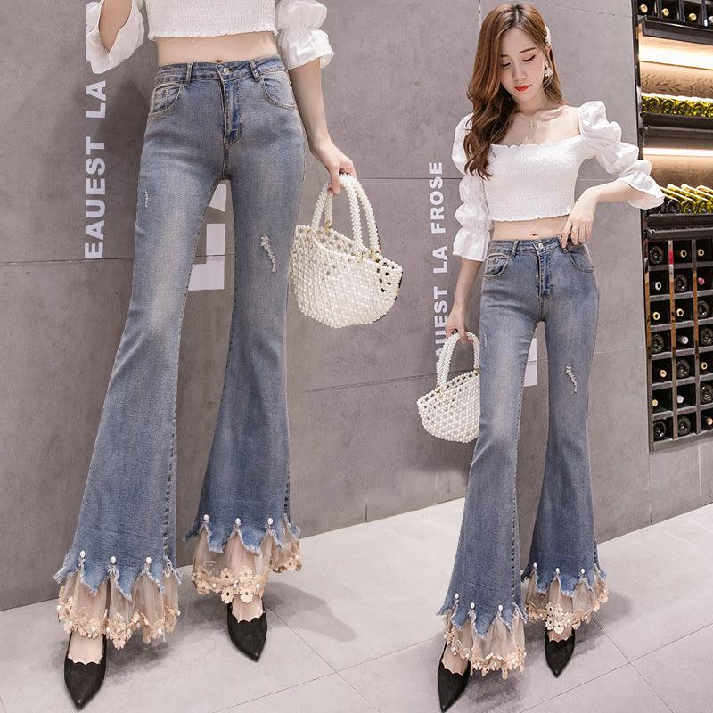 Light blue micro flare denim pants with front seam lines and lace-bead fringe hem detail
