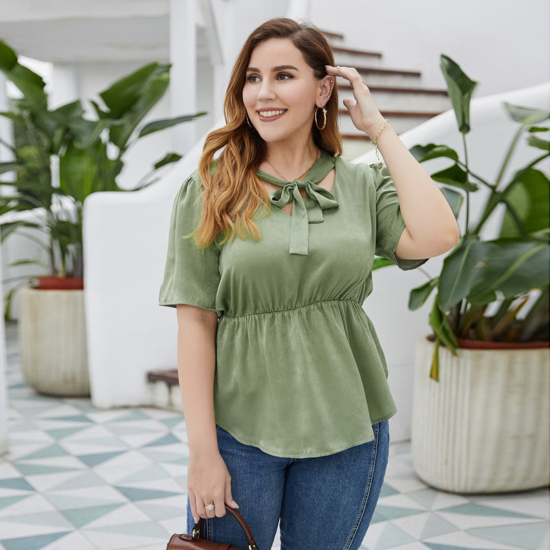 Elegant bowknot shirt plus size women's - WOMONA.COM