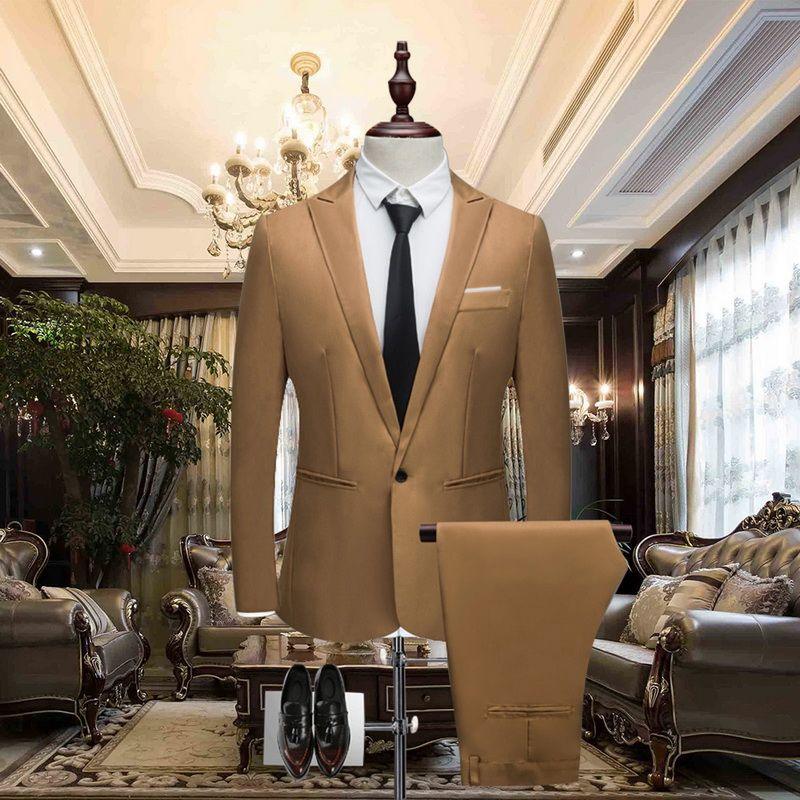 Khaki single-breasted blazer jacket with matching trousers on a mannequin
