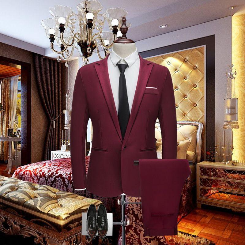 Burgundy single-breasted blazer jacket with matching trousers on a mannequin