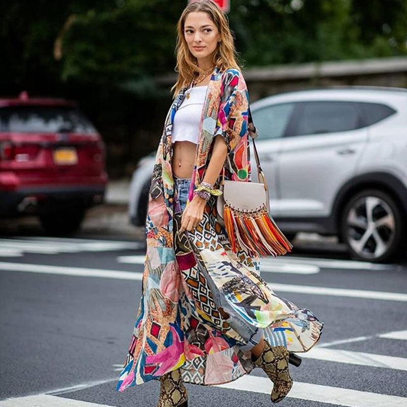 Colorful printed beach cover-up dress with kimono sleeves and long open front