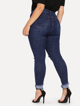 Shredded plus size women's feet jeans - WOMONA.COM