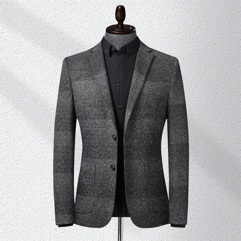 Men's dark gray stretch plaid suit jacket with notch lapels and black buttons