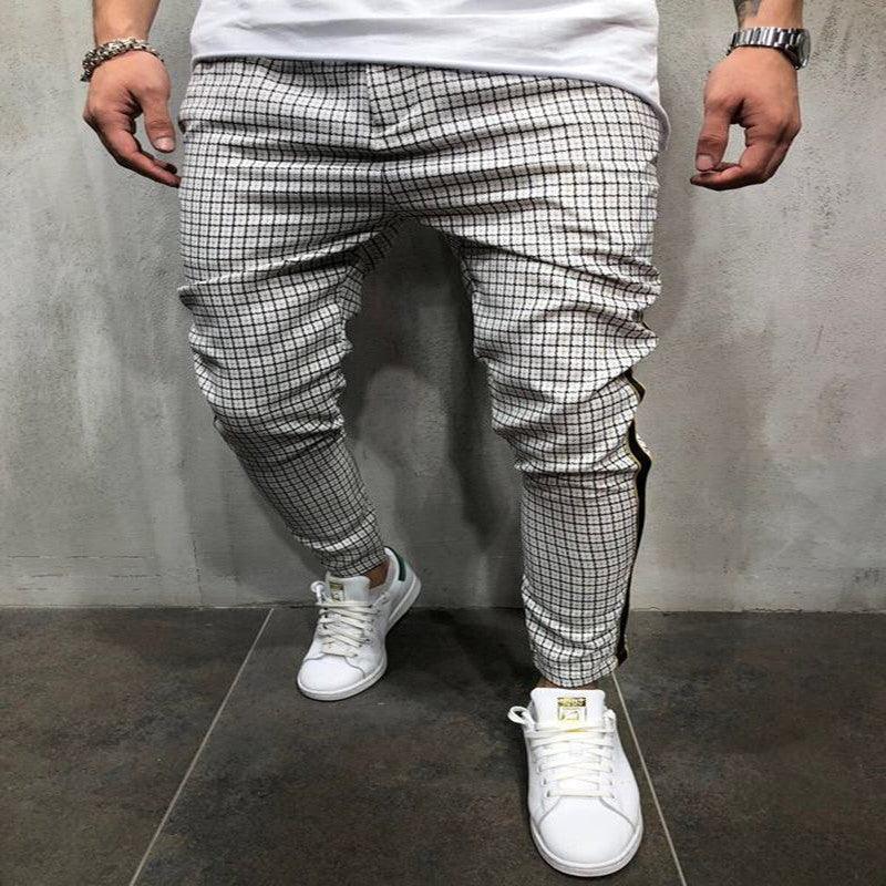 Men's check-pattern jogger jeans, white with dark gray micro-grid, relaxed tapered fit