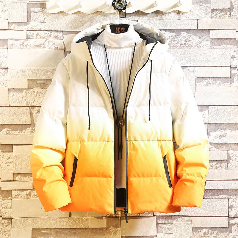 Men's color-block puffer jacket with hood, zip front, and drawstring hem