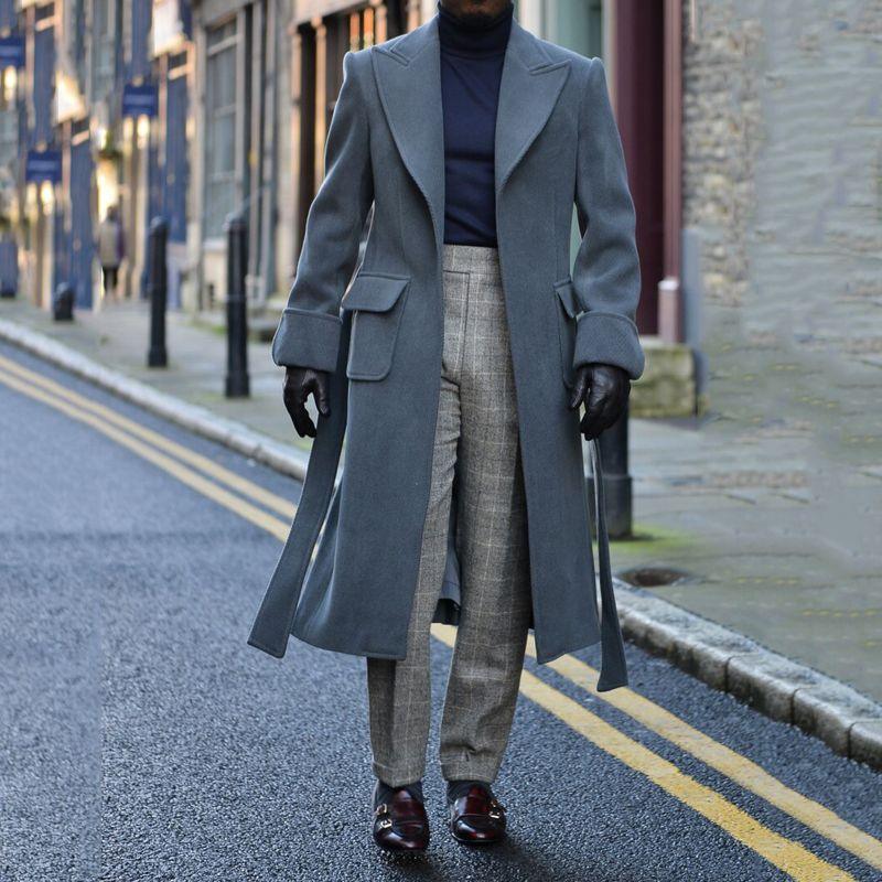 Grey long trench coat for men, notched lapels, flap pockets, double-breasted style