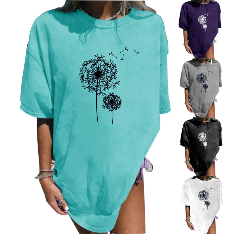 Summer Plus Size Dandelion Printed Mid-length T-shirt - WOMONA.COM