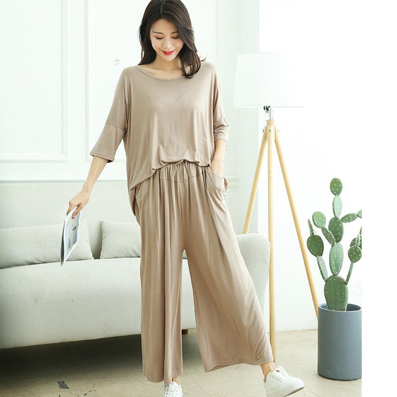 Plus-size Pajamas Two-piece Set Of Nine-minute Wide-leg Pants - WOMONA.COM