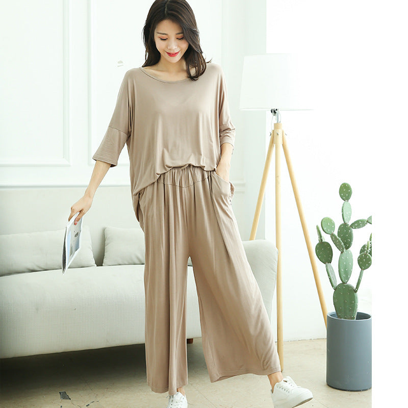 Plus-size Pajamas Two-piece Set Of Nine-minute Wide-leg Pants - WOMONA.COM