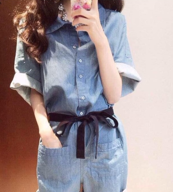 Denim Short Sleeve Jumpsuit - WOMONA.COM