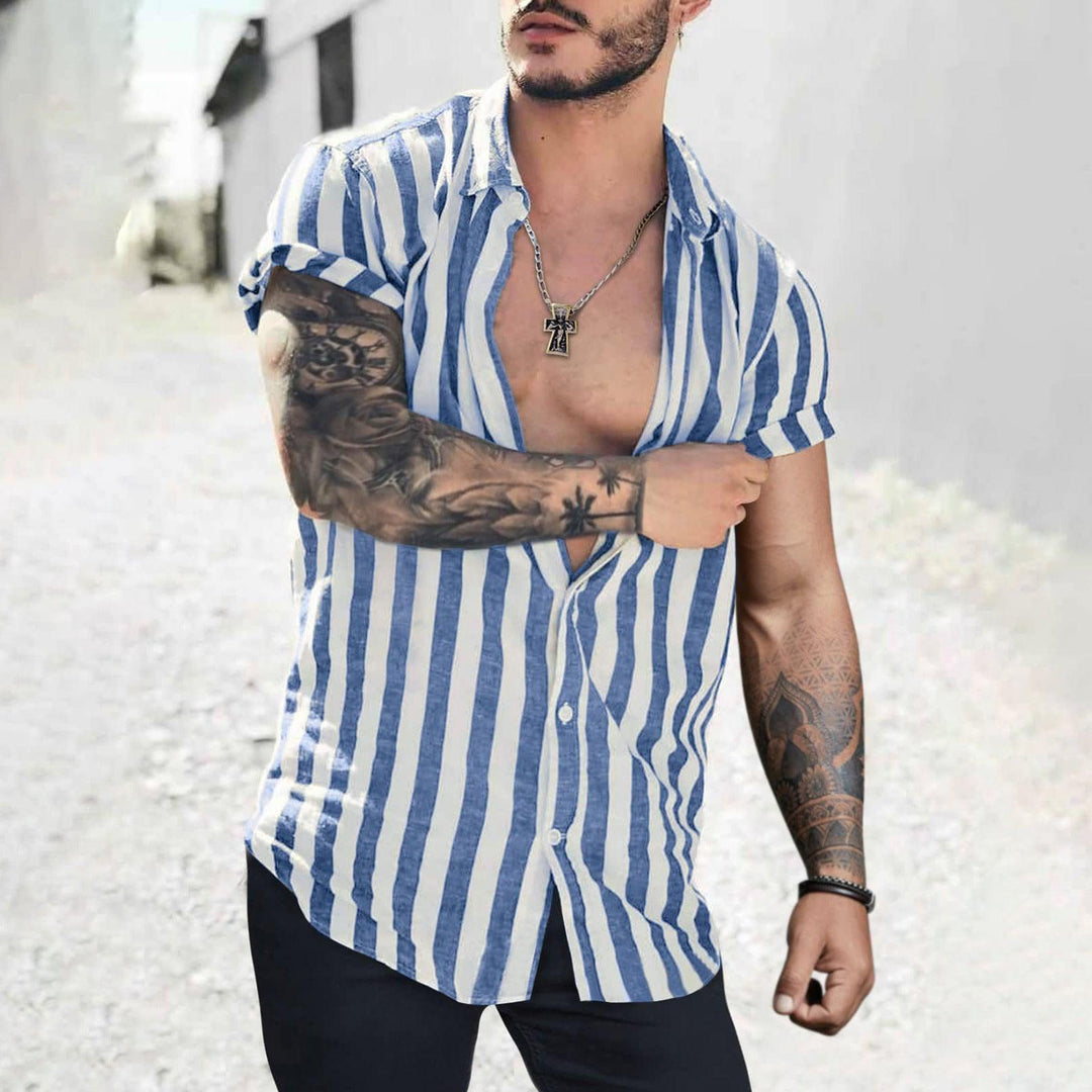 Blue and white striped short-sleeve open-front shirt with button placket and collar