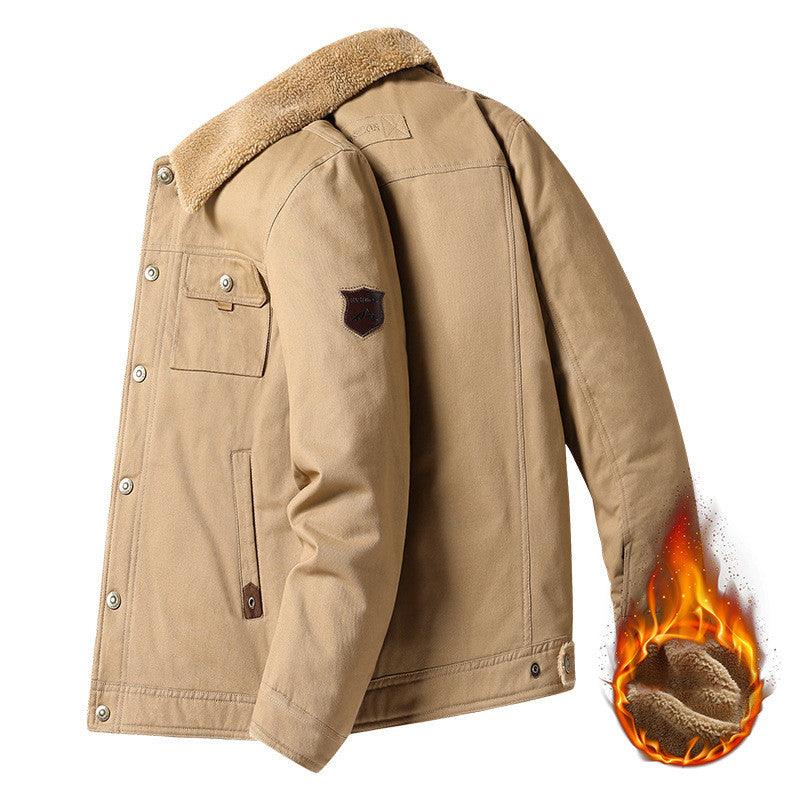 Khaki workwear coat with sherpa-lined collar and flame graphic on lower sleeve