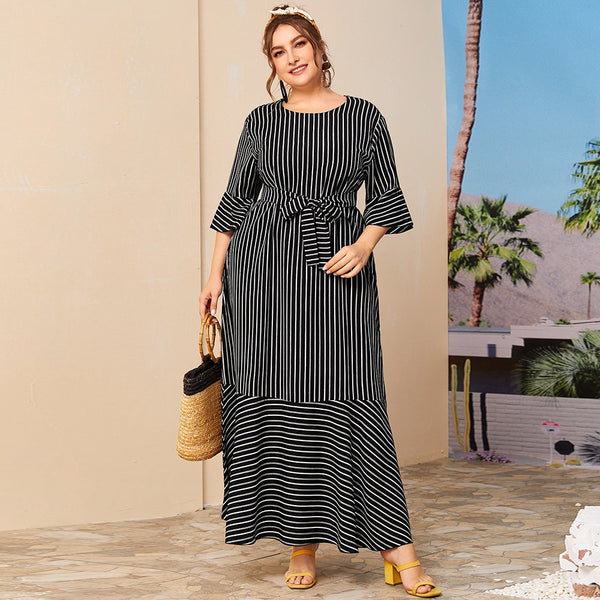 Plus size round neck striped dress - WOMONA.COM