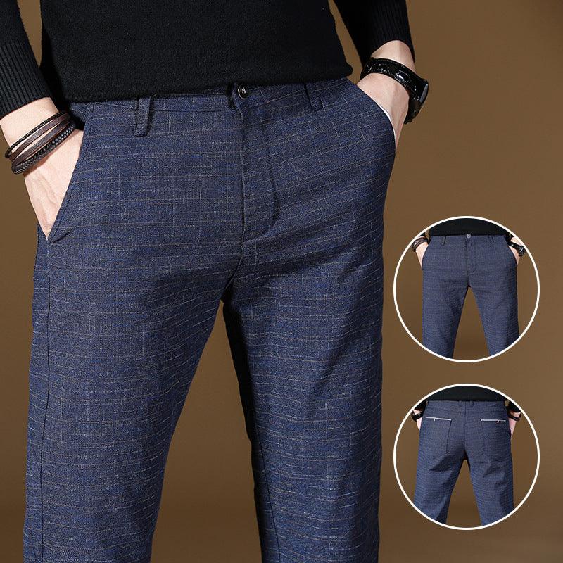 Men's blue plaid dress pants with button waistband and belt loops