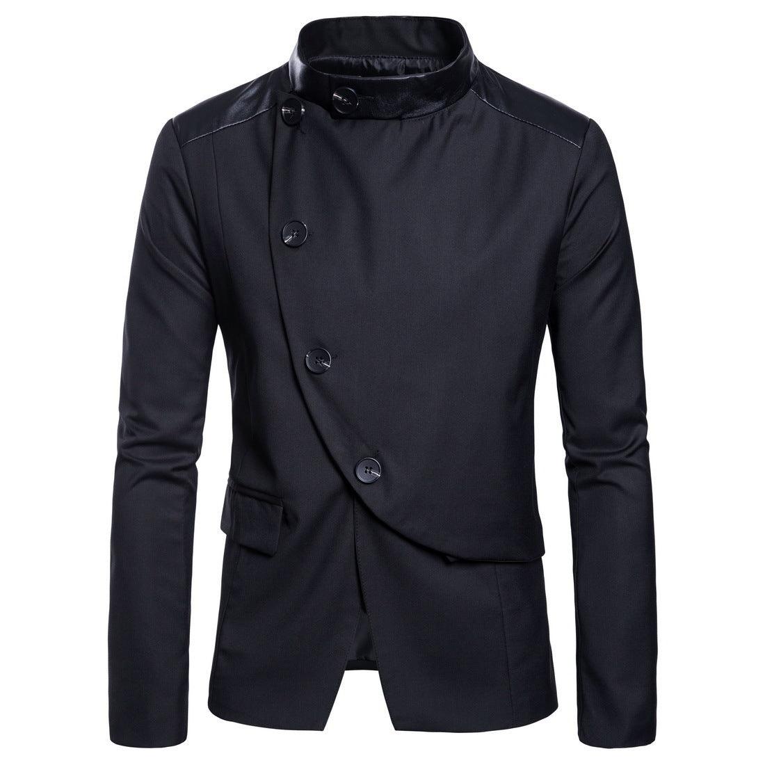 Men's casual tuxedo jacket, dark navy with stand collar, layered button placket