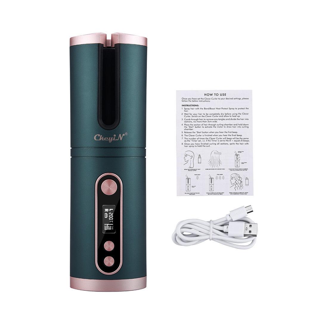Automatic hair curler with USB charging cable, dark green body and rose-gold accents