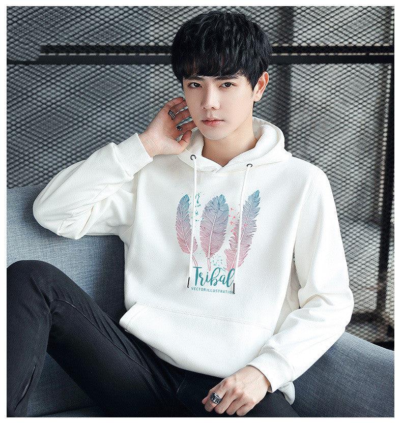White hooded cotton pullover sweatshirt with drawstring and feather graphic print.