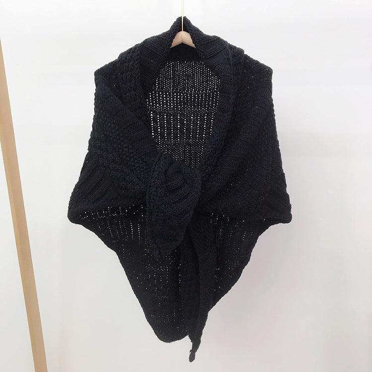 Chunky knit triangular scarf in black with draped cowl collar