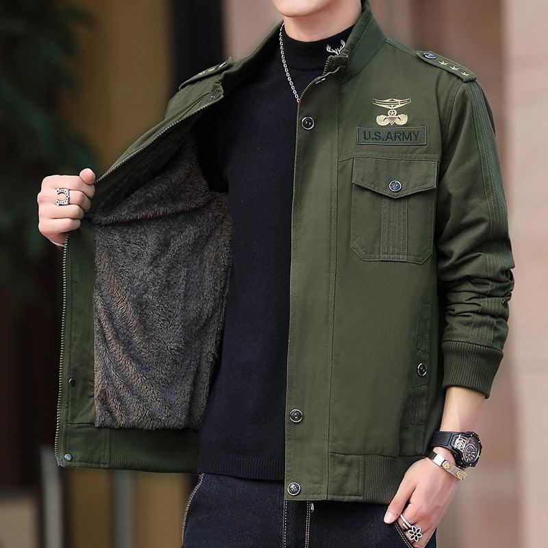Men's padded velvet jacket, army green with zip front, chest pocket, dark sherpa lining