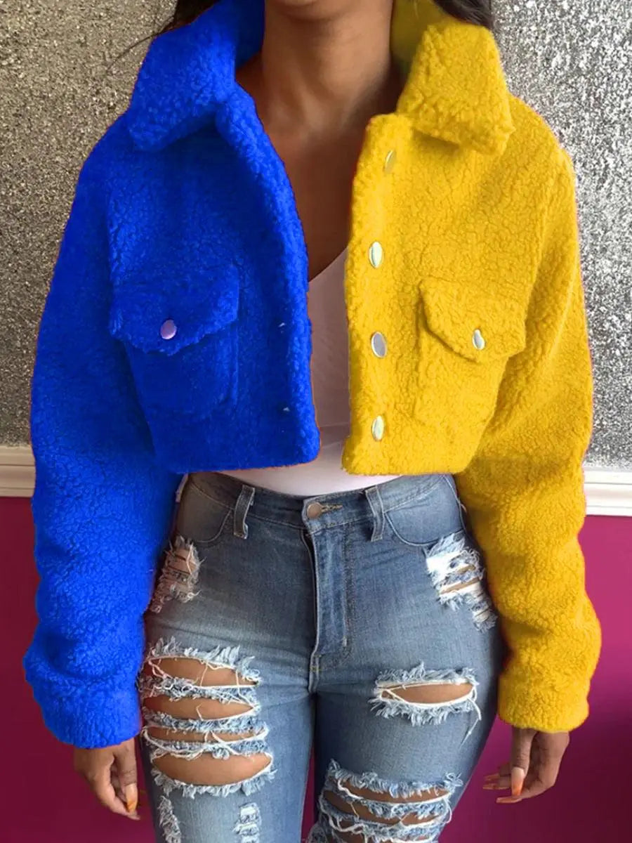 Two-tone women's slim-fit coat, cobalt blue and yellow, buttoned front pockets