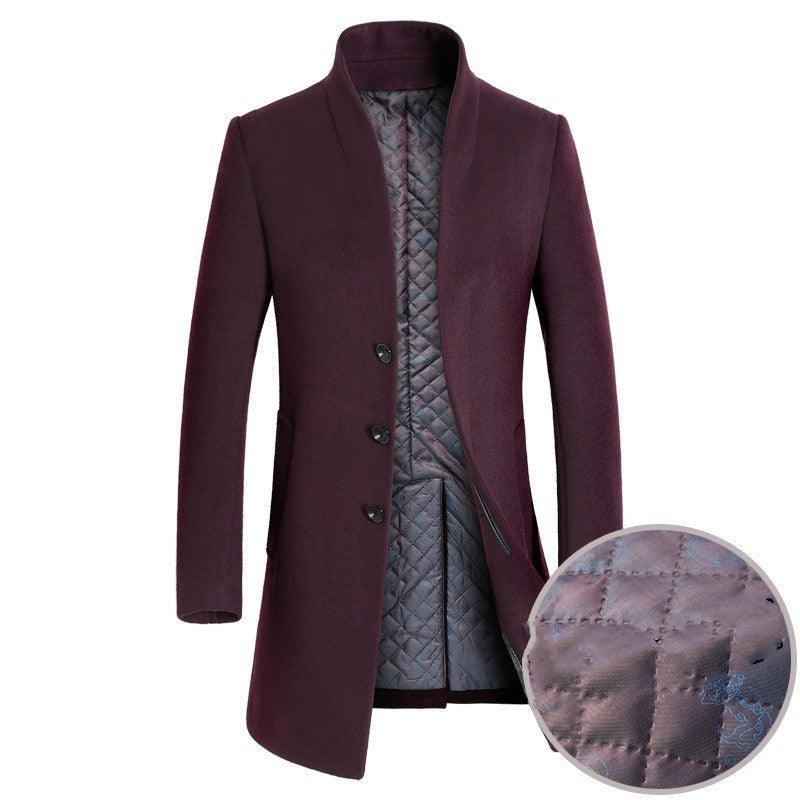 Men's wine red wool trench coat with notch lapels, button front, and quilted lining