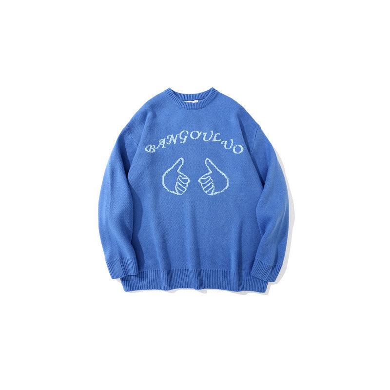 Crew neck sweater in blue with arched text and hand-gesture outline graphic