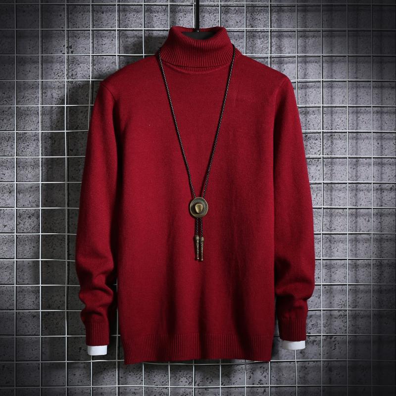 Men's turtleneck sweater in red knit with long sleeves and ribbed neck, cuffs, hem.