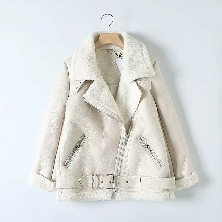 White faux lamb jacket with sherpa trim collar, asym zip front and snap belt at hem