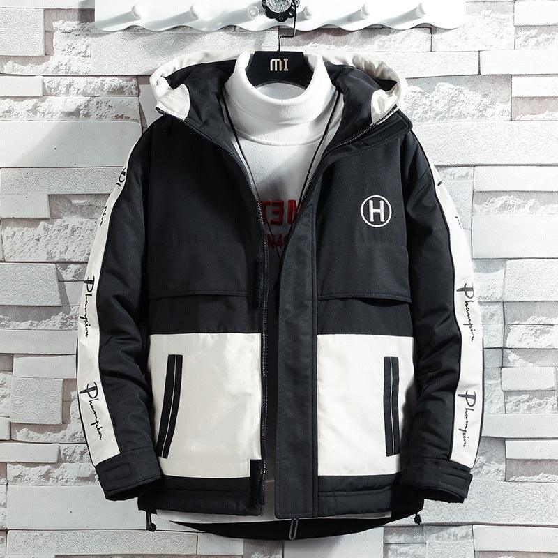 Junior hooded down jacket, black with white color-block panels and full zip