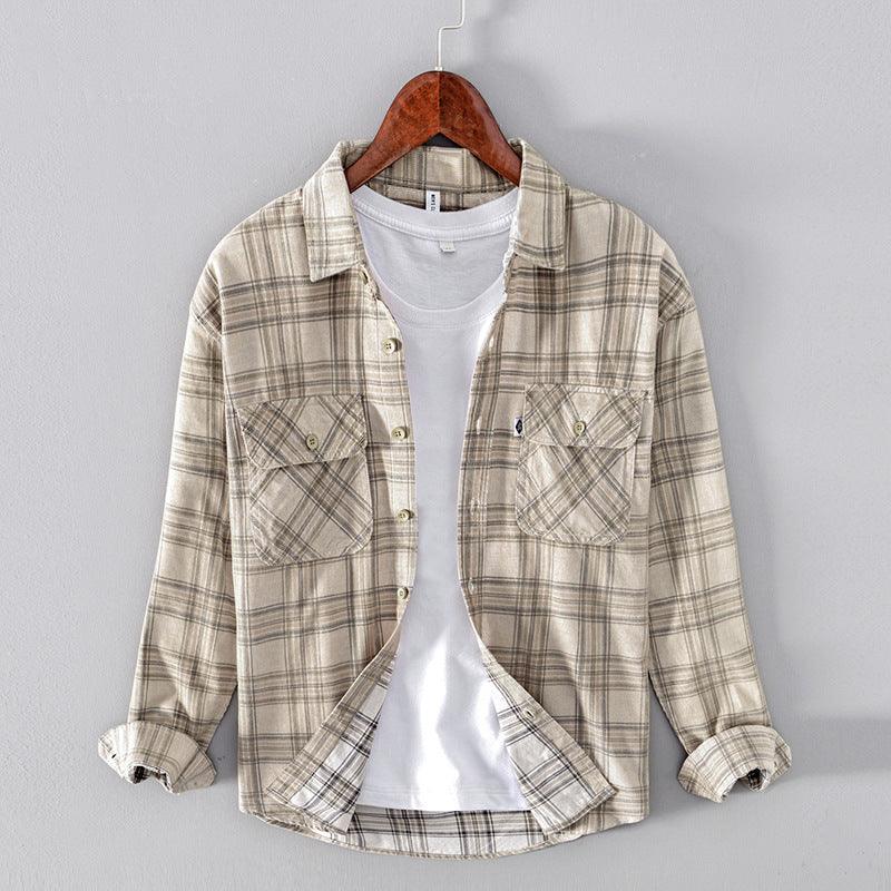Men's light khaki plaid long-sleeve button shirt with chest pockets and long sleeves