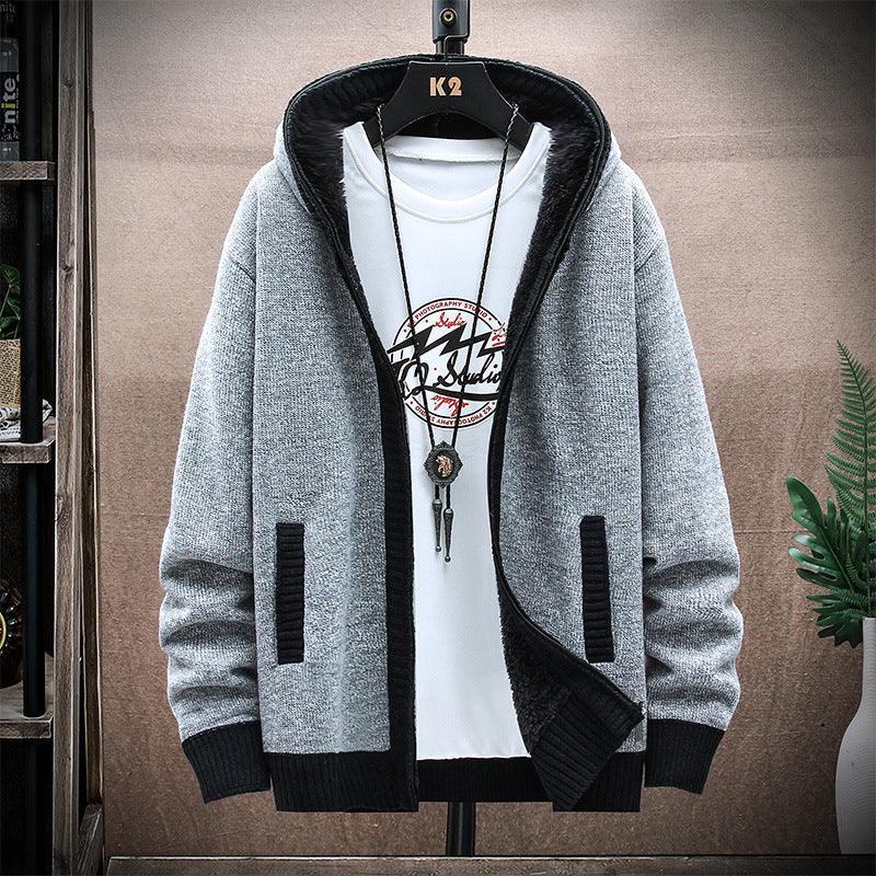 Men's hooded fleece zip-up sweater in heather dark blue with black ribbed trim and pockets